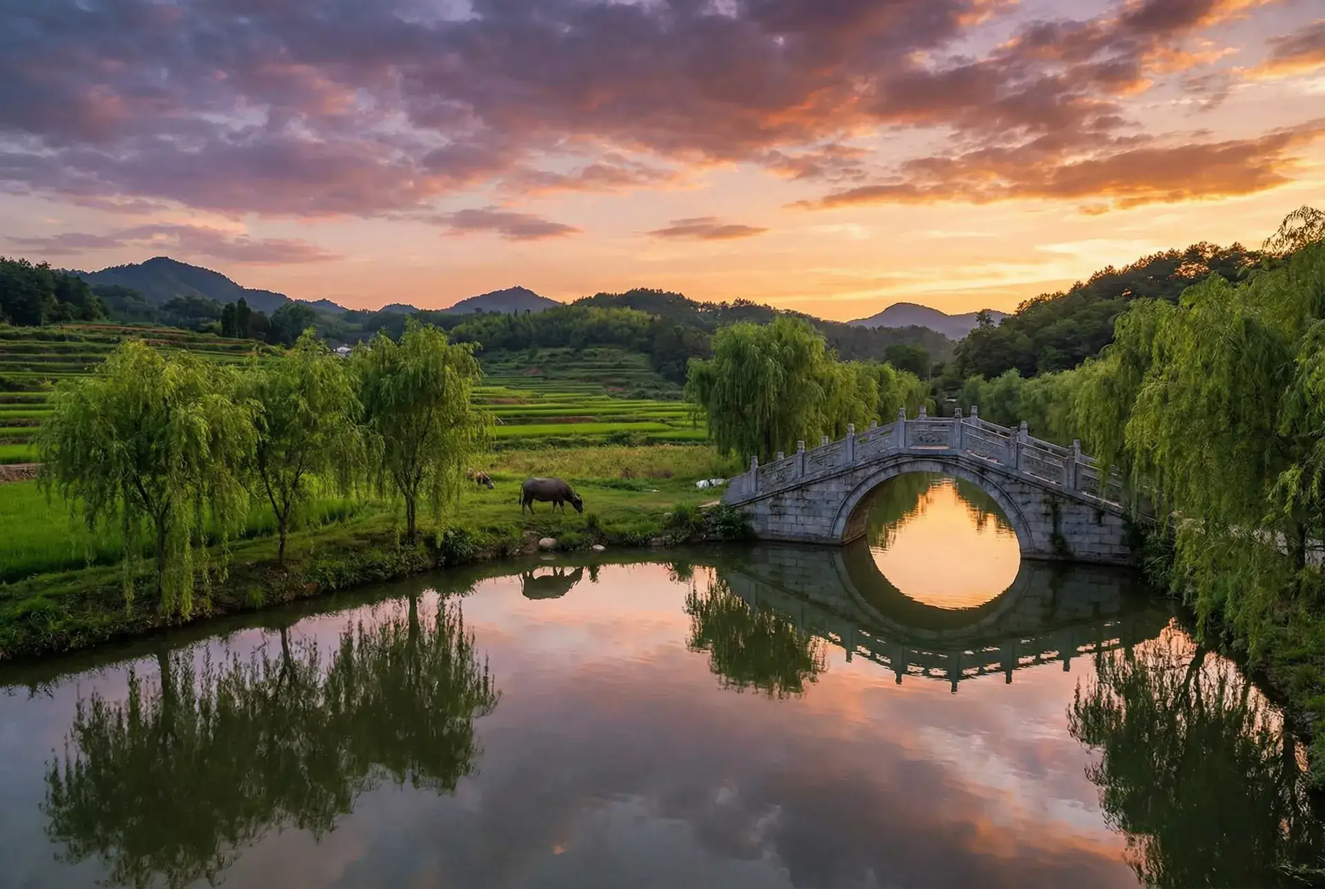 夕阳下的石拱桥与垂柳，水牛在河边吃草 - 芈月传电视剧下载 乡村美景